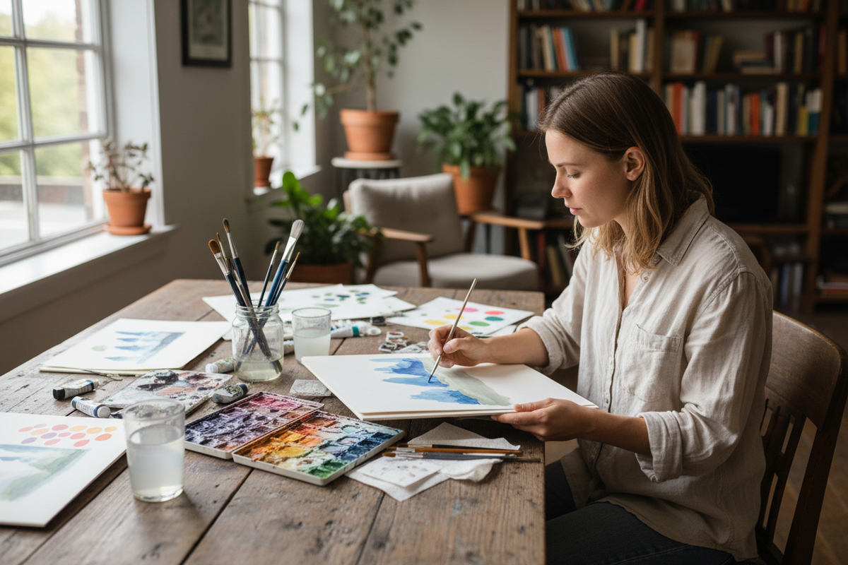 A woman sits at a wooden table in a bright, book-filled room, painting on a canvas with watercolor palettes, brushes, and art supplies spread out on the table.
