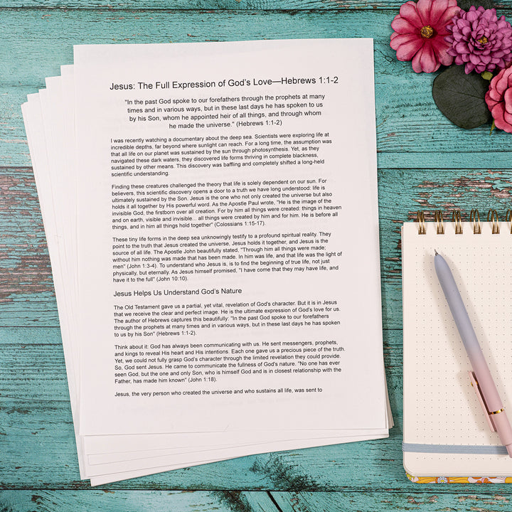 Sheet of paper with text on a wooden surface with flowers and a pen.