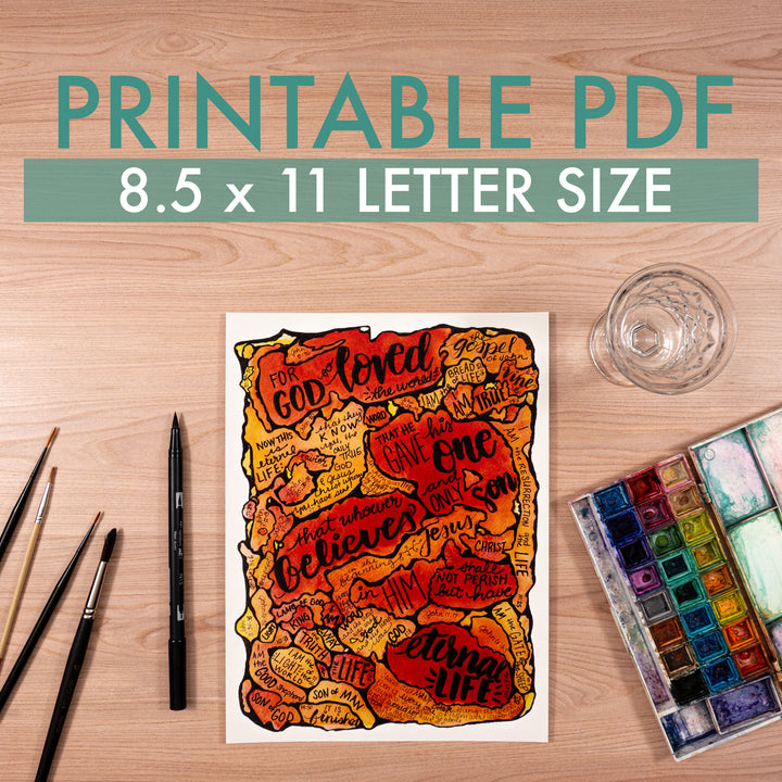 Printable PDF 8.5 x 11 letter size on a wooden surface with art supplies.
