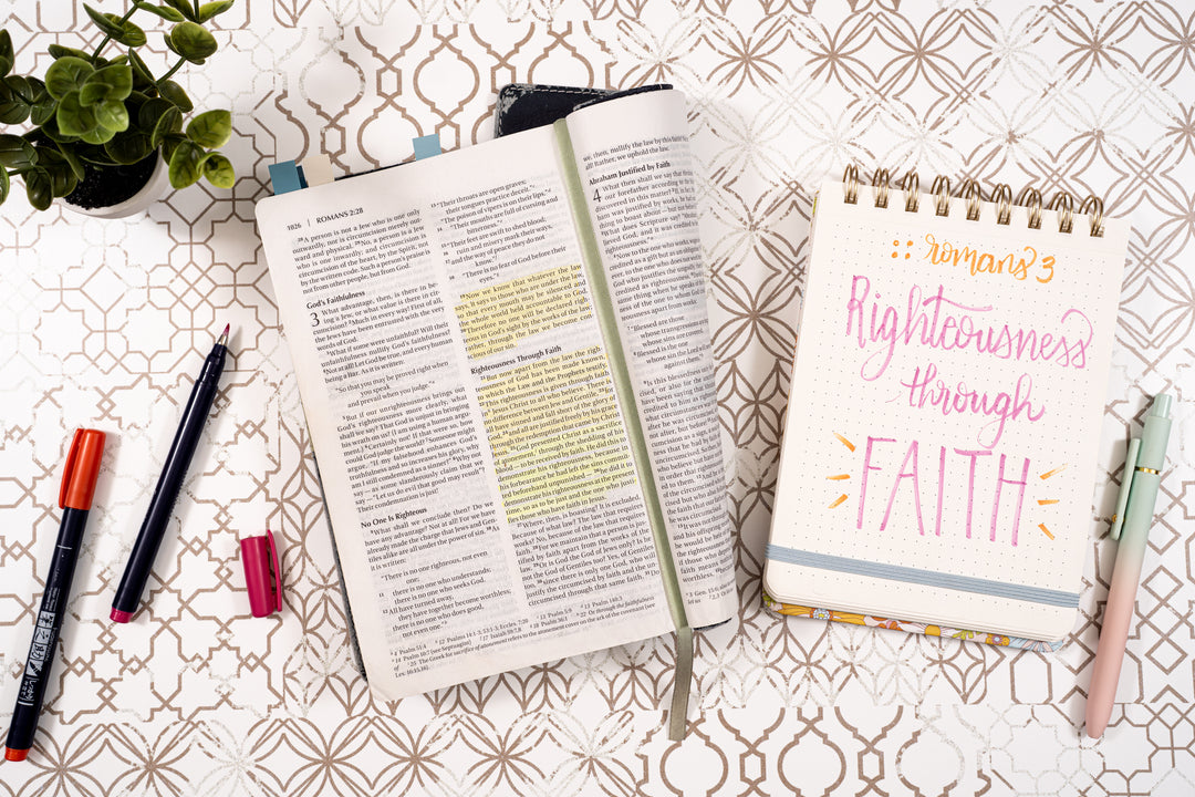 Bible and handlettered artwork that says Righteousness through faith.