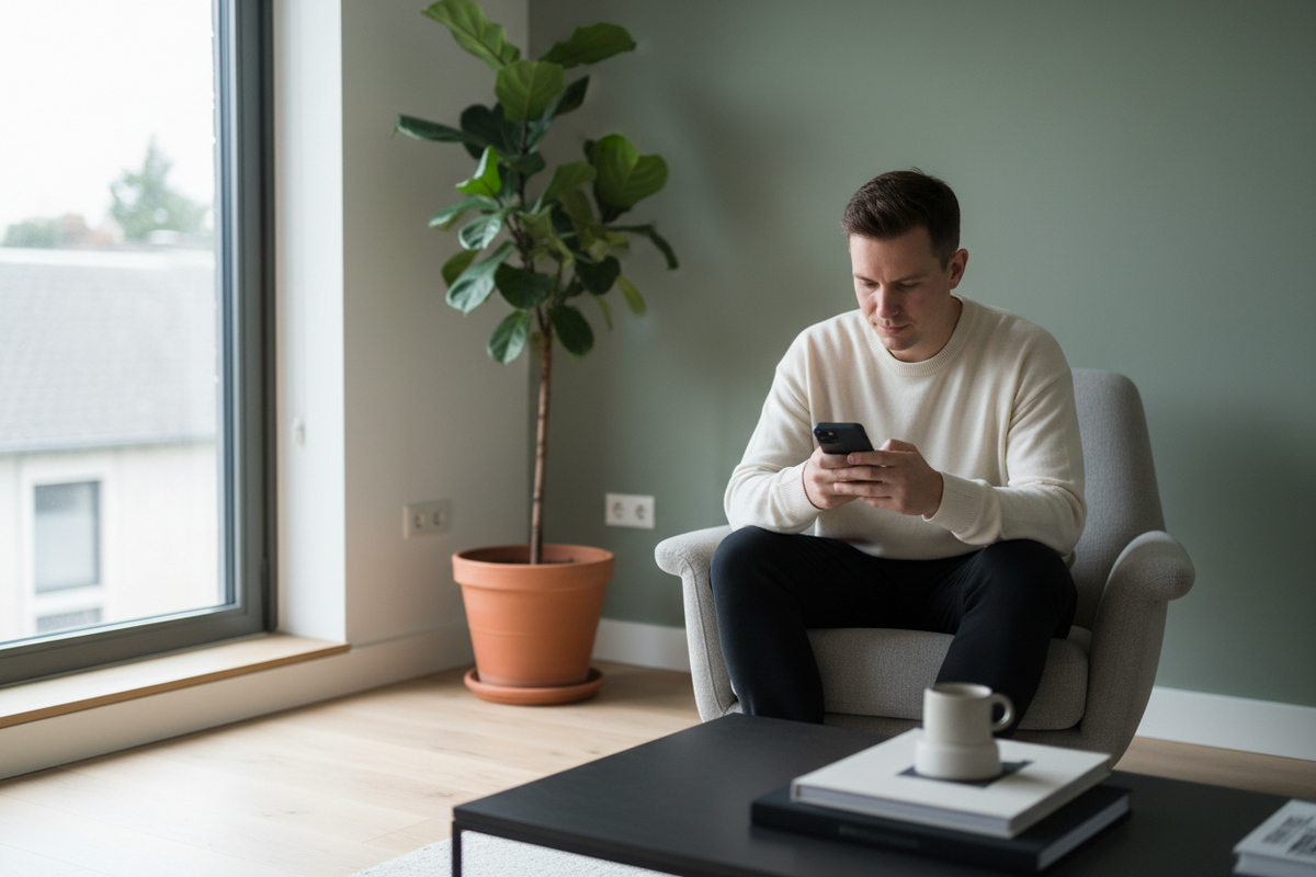 A man in a cream sweater and black pants sits in a light gray armchair, looking down at a smartphone in a modern room with a green wall, a potted fiddle-leaf fig, and a black coffee table in the foreground.