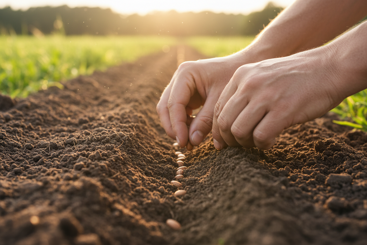 Close-up of a person's hands planting seeds along a row in freshly turned dark brown soil, with a blurred green field and warm sunlight in the background.